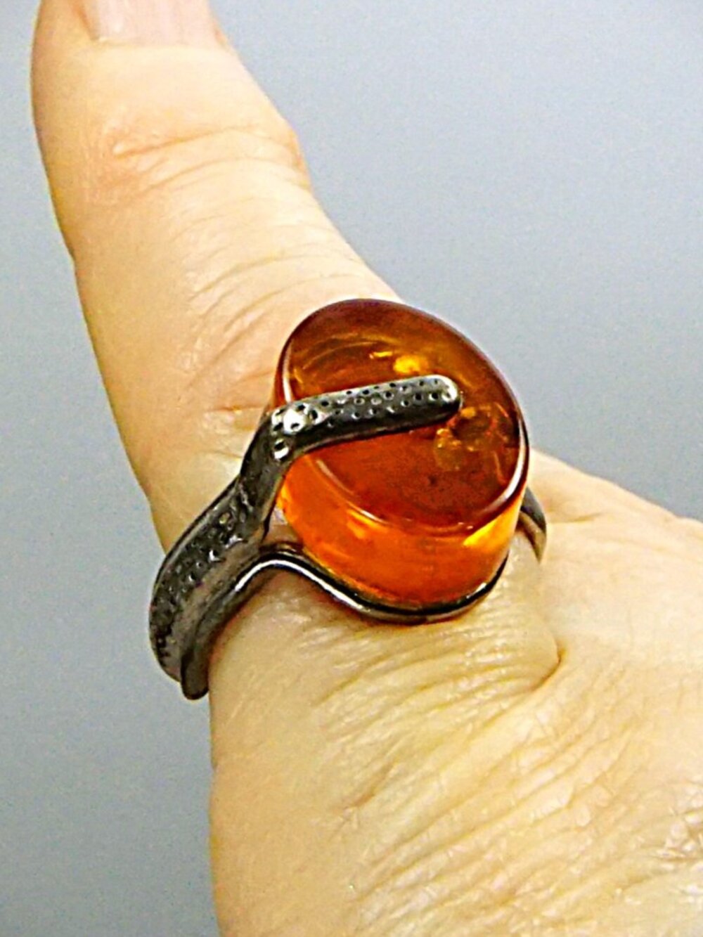 Modernist Amber 925 Silver Small Size Ring 4.25, Rare Design